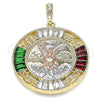 Dije Religioso 05.380.0026.1 Oro Laminado, Diseño de Moneda Centenario y Angel, con Granate and Verde Cristal, Pulido, Tres Tonos