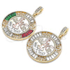 Dije Religioso 05.380.0026.1 Oro Laminado, Diseño de Moneda Centenario y Angel, con Cristal Granate y Verde, Pulido, Tres Tonos