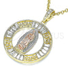 Dije Religioso 05.380.0027 Oro Laminado, Diseño de Guadalupe y Llave Griega, con Blanca Cristal, Pulido, Tres Tonos