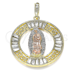Dije Religioso 05.380.0027 Oro Laminado, Diseño de Guadalupe y Llave Griega, con Blanca Cristal, Pulido, Tres Tonos