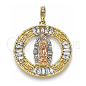 Dije Religioso 05.380.0027 Oro Laminado, Diseño de Guadalupe y Llave Griega, con Cristal Blanca, Pulido, Tres Tonos
