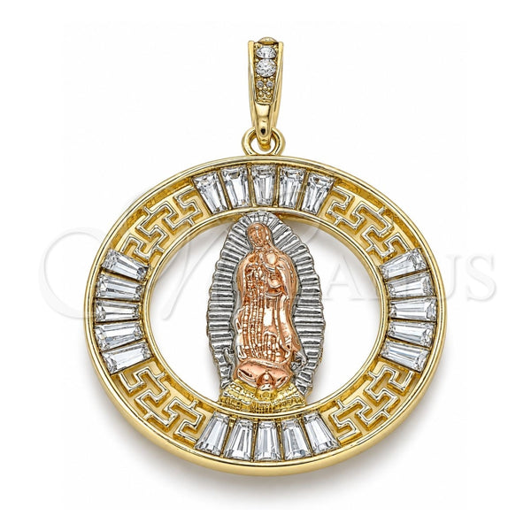 Dije Religioso 05.380.0027 Oro Laminado, Diseño de Guadalupe y Llave Griega, con Cristal Blanca, Pulido, Tres Tonos