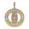 Dije Religioso 05.380.0027 Oro Laminado, Diseño de Guadalupe y Llave Griega, con Cristal Blanca, Pulido, Tres Tonos