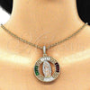 Dije Religioso 05.380.0027.1 Oro Laminado, Diseño de Guadalupe y Llave Griega, con Granate and Verde Cristal, Pulido, Tres Tonos