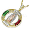 Dije Religioso 05.380.0027.1 Oro Laminado, Diseño de Guadalupe y Llave Griega, con Cristal Granate y Verde, Pulido, Tres Tonos