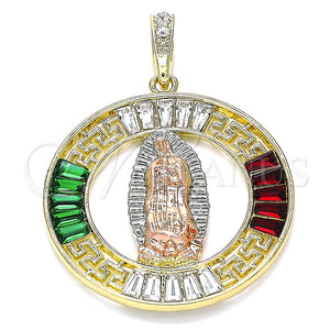 Dije Religioso 05.380.0027.1 Oro Laminado, Diseño de Guadalupe y Llave Griega, con Granate and Verde Cristal, Pulido, Tres Tonos