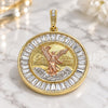 Dije Religioso 05.380.0028 Oro Laminado, Diseño de Moneda Centenario y Angel, con Cristal Blanca, Pulido, Tres Tonos
