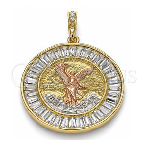 Dije Religioso 05.380.0028 Oro Laminado, Diseño de Moneda Centenario y Angel, con Cristal Blanca, Pulido, Tres Tonos
