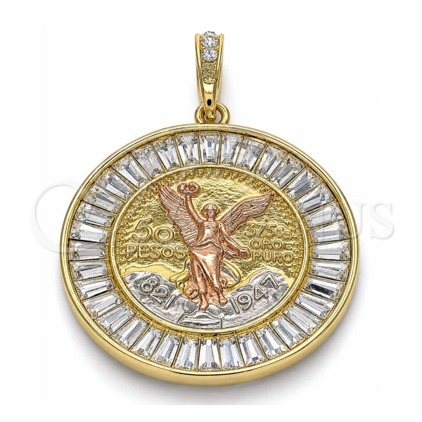 Dije Religioso 05.380.0028 Oro Laminado, Diseño de Moneda Centenario y Angel, con Cristal Blanca, Pulido, Tres Tonos
