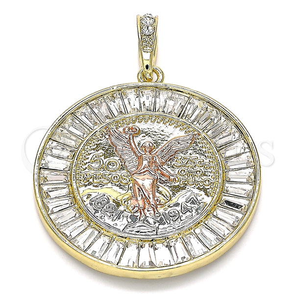 Dije Religioso 05.380.0028 Oro Laminado, Diseño de Moneda Centenario y Angel, con Blanca Cristal, Pulido, Tres Tonos