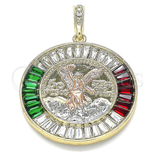 Dije Religioso 05.380.0028.1 Oro Laminado, Diseño de Moneda Centenario y Angel, con Multicolor Cristal, Pulido, Tres Tonos