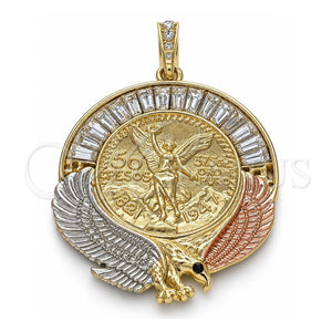 Dije Religioso 05.380.0029 Oro Laminado, Diseño de Moneda Centenario y Angel, con Cristal Blanca y Negro, Pulido, Tres Tonos
