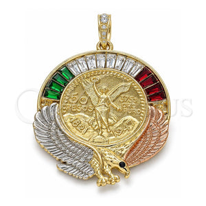 Dije Religioso 05.380.0029.1 Oro Laminado, Diseño de Moneda Centenario y Angel, con Cristal Multicolor, Pulido, Tres Tonos