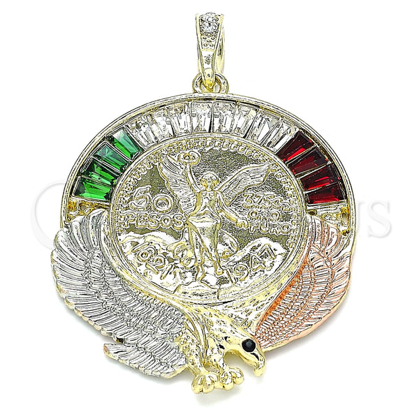 Dije Religioso 05.380.0029.1 Oro Laminado, Diseño de Moneda Centenario y Angel, con Multicolor Cristal, Pulido, Tres Tonos