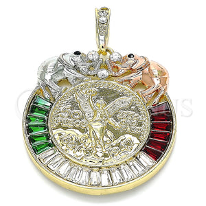Dije Religioso 05.380.0030.1 Oro Laminado, Diseño de Moneda Centenario y Angel, con Multicolor Cristal, Pulido, Tres Tonos