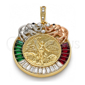 Dije Religioso 05.380.0030.1 Oro Laminado, Diseño de Moneda Centenario y Angel, con Cristal Multicolor, Pulido, Tres Tonos