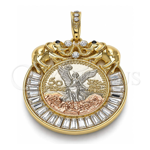 Dije Religioso 05.380.0030.2 Oro Laminado, Diseño de Moneda Centenario y Angel, con Cristal Blanca y Negro, Pulido, Tres Tonos