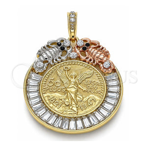 Dije Religioso 05.380.0031 Oro Laminado, Diseño de Moneda Centenario y Angel, con Cristal Blanca y Negro, Pulido, Tres Tonos