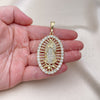 Dije Religioso 05.380.0032 Oro Laminado, Diseño de Guadalupe, con Blanca Cristal, Pulido, Tono Dorado