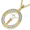 Dije Religioso 05.380.0034 Oro Laminado, Diseño de Jesus y Llave Griega, con Cristal Blanca, Pulido, Tres Tonos