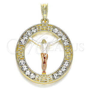 Dije Religioso 05.380.0034 Oro Laminado, Diseño de Jesus y Llave Griega, con Blanca Cristal, Pulido, Tres Tonos