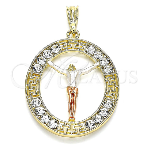 Dije Religioso 05.380.0034 Oro Laminado, Diseño de Jesus y Llave Griega, con Blanca Cristal, Pulido, Tres Tonos