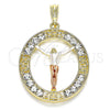 Dije Religioso 05.380.0034 Oro Laminado, Diseño de Jesus y Llave Griega, con Blanca Cristal, Pulido, Tres Tonos