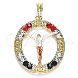 Dije Religioso 05.380.0034.1 Oro Laminado, Diseño de Jesus y Llave Griega, con Multicolor Cristal, Pulido, Tres Tonos