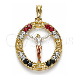 Dije Religioso 05.380.0034.1 Oro Laminado, Diseño de Jesus y Llave Griega, con Cristal Multicolor, Pulido, Tres Tonos