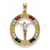 Dije Religioso 05.380.0034.1 Oro Laminado, Diseño de Jesus y Llave Griega, con Cristal Multicolor, Pulido, Tres Tonos