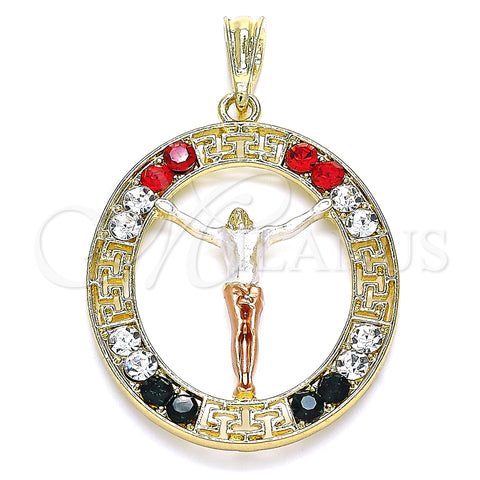 Dije Religioso 05.380.0034.1 Oro Laminado, Diseño de Jesus y Llave Griega, con Multicolor Cristal, Pulido, Tres Tonos