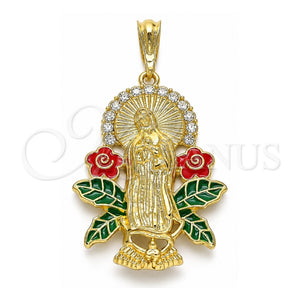 Dije Religioso 05.380.0037 Oro Laminado, Diseño de Guadalupe y Flor, con Blanca Cristal, Esmaltado Multicolor, Tono Dorado