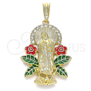 Dije Religioso 05.380.0037 Oro Laminado, Diseño de Guadalupe y Flor, con Blanca Cristal, Esmaltado Multicolor, Tono Dorado