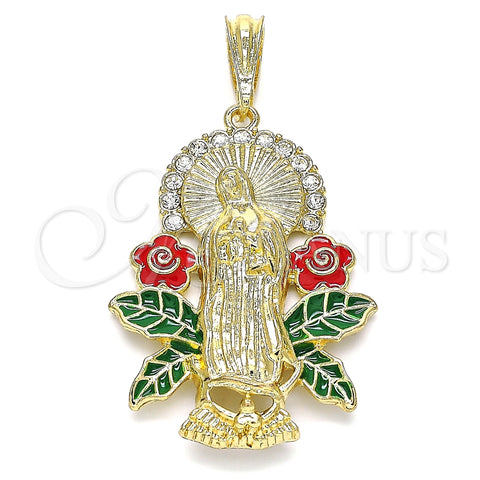 Dije Religioso 05.380.0037 Oro Laminado, Diseño de Guadalupe y Flor, con Blanca Cristal, Esmaltado Multicolor, Tono Dorado