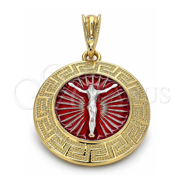 Dije Religioso 05.380.0040 Oro Laminado, Diseño de Jesus y Llave Griega, Pulido, Tres Tonos