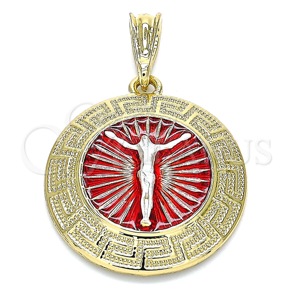 Dije Religioso 05.380.0040 Oro Laminado, Diseño de Jesus y Llave Griega, Pulido, Tres Tonos