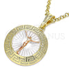 Dije Religioso 05.380.0040.1 Oro Laminado, Diseño de Jesus y Llave Griega, Pulido, Tres Tonos