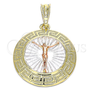 Dije Religioso 05.380.0040.1 Oro Laminado, Diseño de Jesus y Llave Griega, Pulido, Tres Tonos