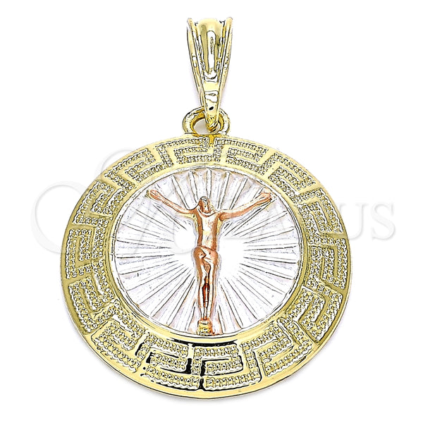 Dije Religioso 05.380.0040.1 Oro Laminado, Diseño de Jesus y Llave Griega, Pulido, Tres Tonos