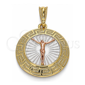 Dije Religioso 05.380.0040.1 Oro Laminado, Diseño de Jesus y Llave Griega, Pulido, Tres Tonos