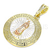Dije Religioso 05.380.0039.1 Oro Laminado, Diseño de Guadalupe y Llave Griega, Pulido, Tres Tonos