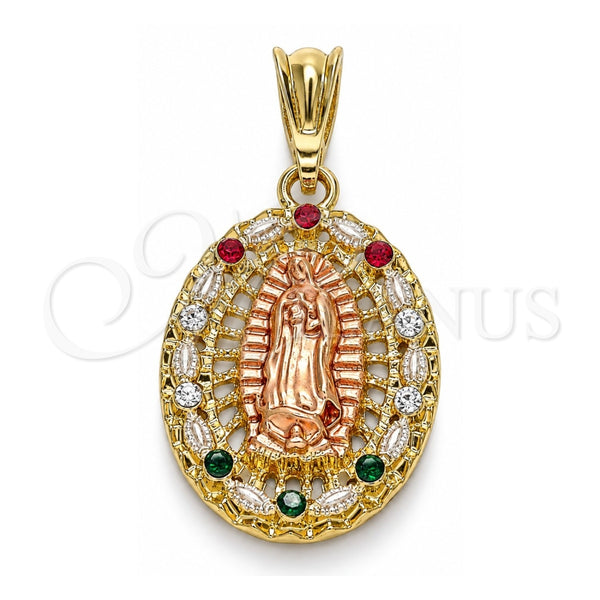 Dije Religioso 05.380.0045.1 Oro Laminado, Diseño de Guadalupe, con Cristal Multicolor, Pulido, Tres Tonos