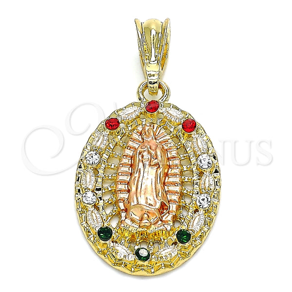 Dije Religioso 05.380.0045.1 Oro Laminado, Diseño de Guadalupe, con Multicolor Cristal, Pulido, Tres Tonos