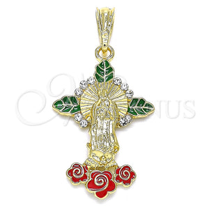 Dije Religioso 05.380.0049 Oro Laminado, Diseño de Guadalupe y Flor, con Blanca Cristal, Esmaltado Multicolor, Tono Dorado