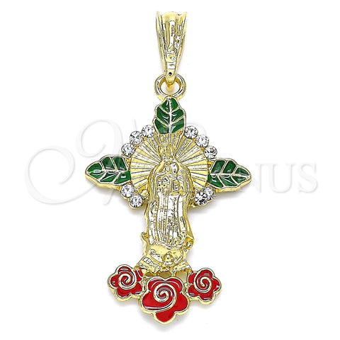 Dije Religioso 05.380.0049 Oro Laminado, Diseño de Guadalupe y Flor, con Blanca Cristal, Esmaltado Multicolor, Tono Dorado