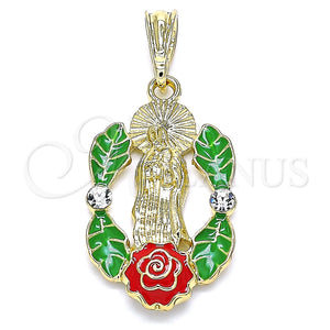 Dije Religioso 05.380.0050 Oro Laminado, Diseño de Guadalupe y Flor, con Blanca Cristal, Esmaltado Multicolor, Tono Dorado