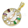 Dije Religioso 05.380.0057 Oro Laminado, Diseño de Guadalupe y Llave Griega, con Cristal Multicolor, Pulido, Tres Tonos