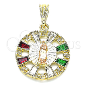 Dije Religioso 05.380.0057 Oro Laminado, Diseño de Guadalupe y Llave Griega, con Multicolor Cristal, Pulido, Tres Tonos