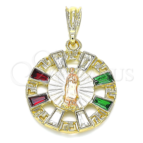Dije Religioso 05.380.0057 Oro Laminado, Diseño de Guadalupe y Llave Griega, con Multicolor Cristal, Pulido, Tres Tonos
