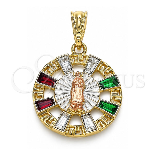 Dije Religioso 05.380.0057 Oro Laminado, Diseño de Guadalupe y Llave Griega, con Cristal Multicolor, Pulido, Tres Tonos